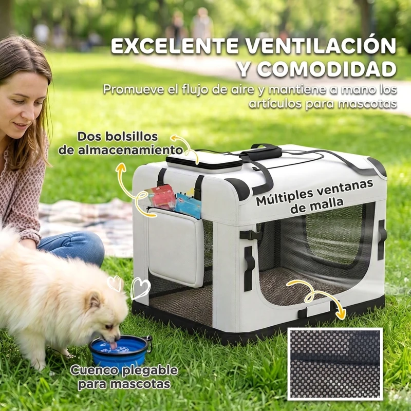 PawHut Transportín Perros Gatos Plegable 60x42x44 cm Correa para Coche Cojín Lavable Cuenco Plegable 2 Bolsillos Gris Claro