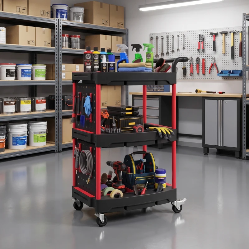 HOMCOM 3-Tier Rolling Tool Cart with Pegboard and Hooks, Storage Trolley Wheel Cart with Brakes, Black & Red