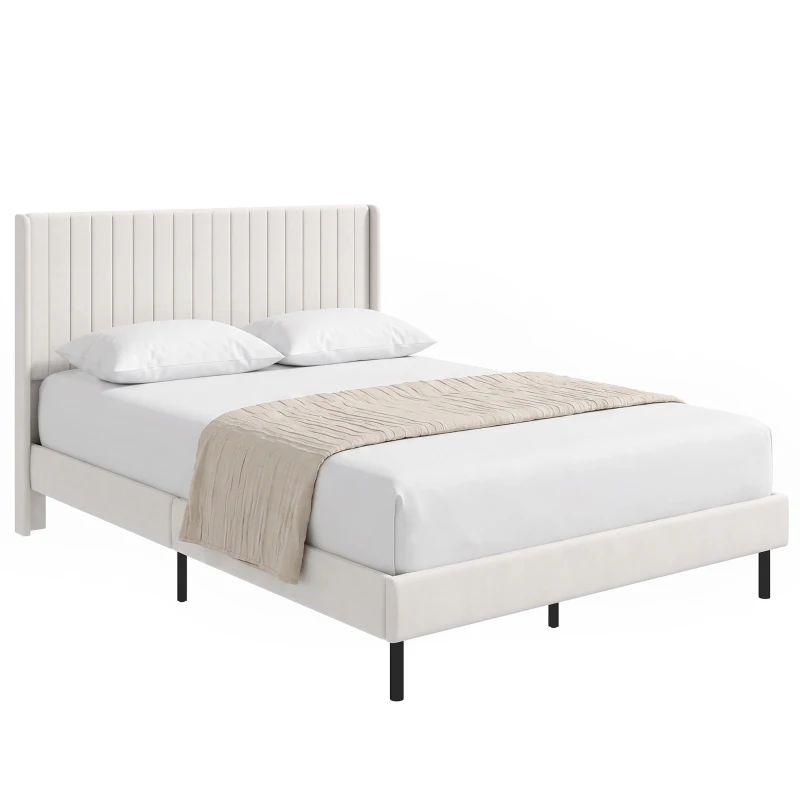 HOMCOM Armazón de cama 140 x 200 cm con cabecero ajustable, cama tapizada con 12 lamas, beige