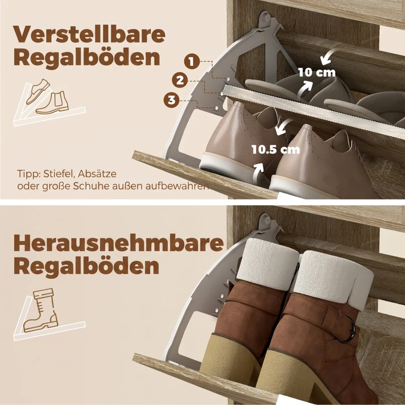HOMCOM Schoenenkast met verstelbare verdelers, open vakken en 3 klepvakken, naturel hout