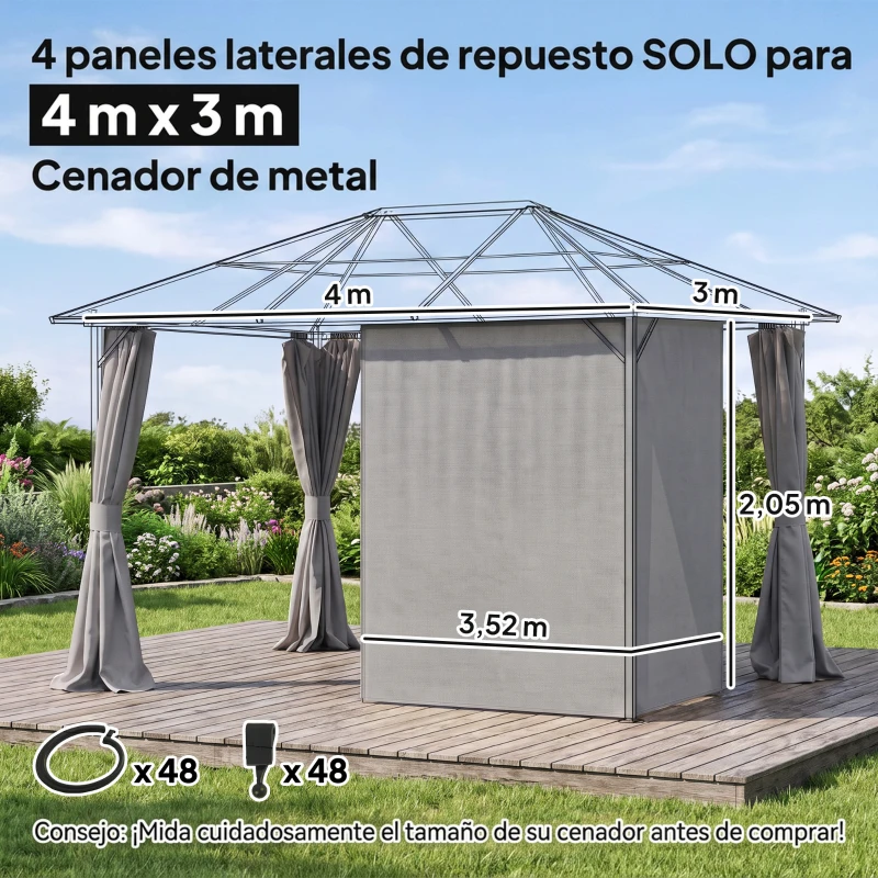 Outsunny 4 Paredes Laterales para Cenador 3,5x2 m con 48 Ganchos y Anillos en C para Pérgola Gazebo Gris Claro