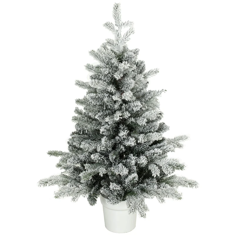 HOMCOM Mini brad de Crăciun 90 cm cu 296 vârfuri, efect zăpadă, ghiveci, mini-brad de masă pentru acasă și birou, Alb