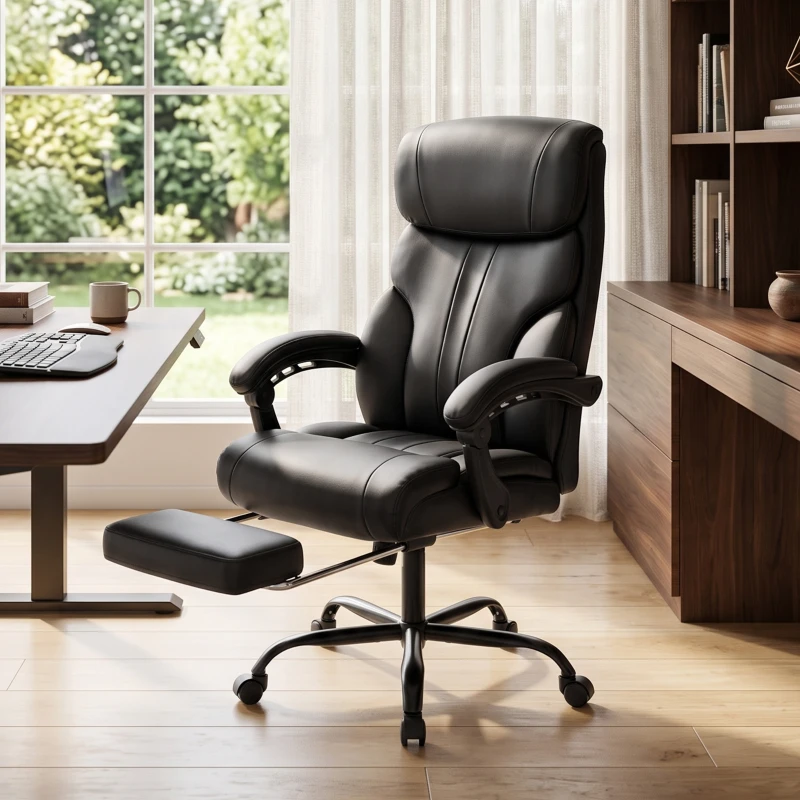 HOMCOM Chaise Bureau Ergonomique Inclinable, Fauteuil de Bureau en PU, Accoudoirs Synchronisés, Hauteur Réglable, Noir