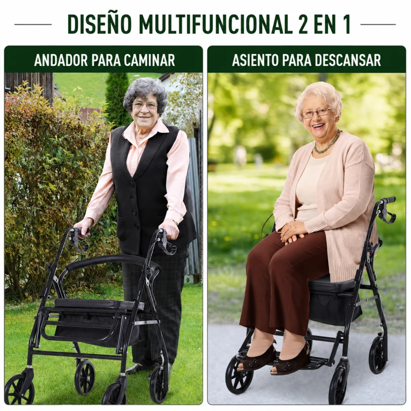 HOMCOM Andador para Ancianos Plegable con Asiento y 4 Ruedas Mango Ergonómico Ajustable en Altura Frenos de Maneta Cesta Negro