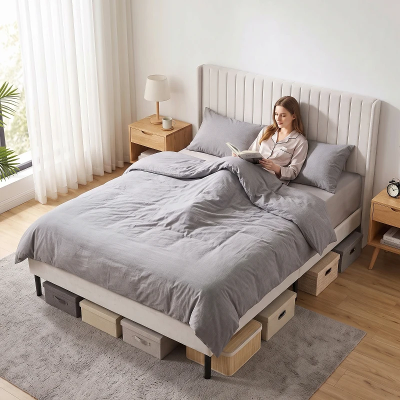 HOMCOM Cadru de pat 140 x 200 cm cu tăblie reglabilă, pat tapițat cu 12 lamele, bej