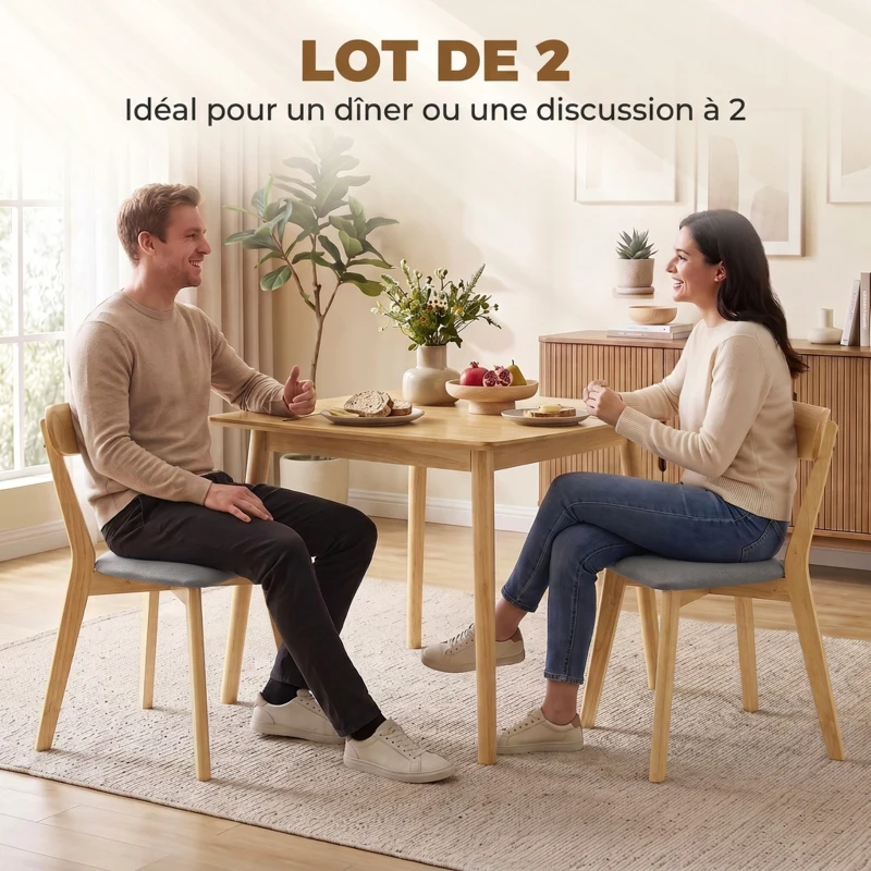 HOMCOM Lot de 2 Chaises de Salle à Manger, Chaises Cuisine, Assise Rembourrées en Lin, Dossier Incurvé, Gris et Bois Naturel