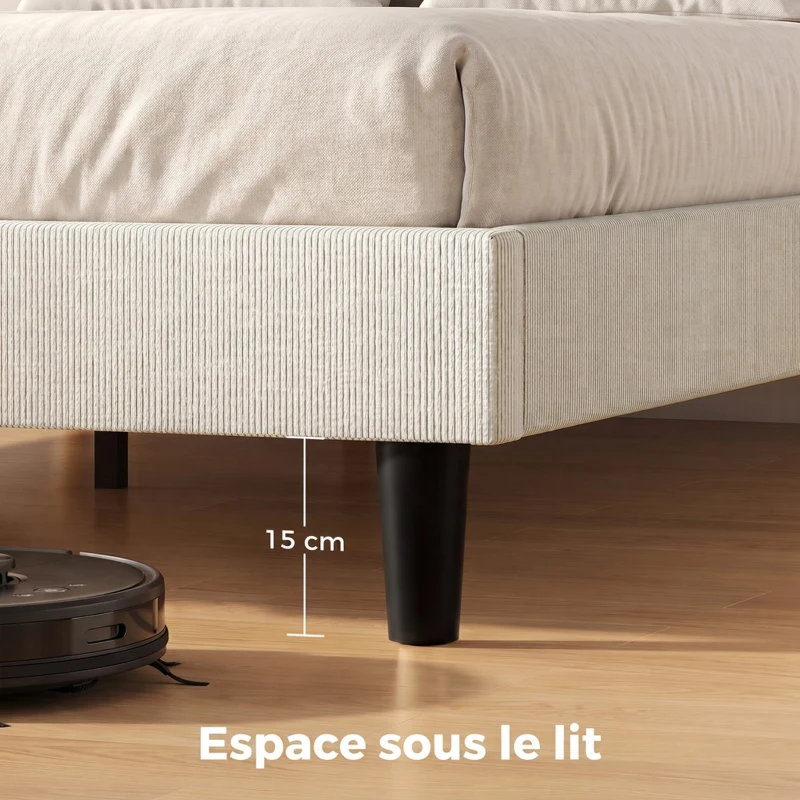 HOMCOM Cadre de Lit 140 x 190 cm avec Sommier, Tête Réglable, Lit Double Rembourré en Velours Côtelé, Sans Bruit, Gris Clair
