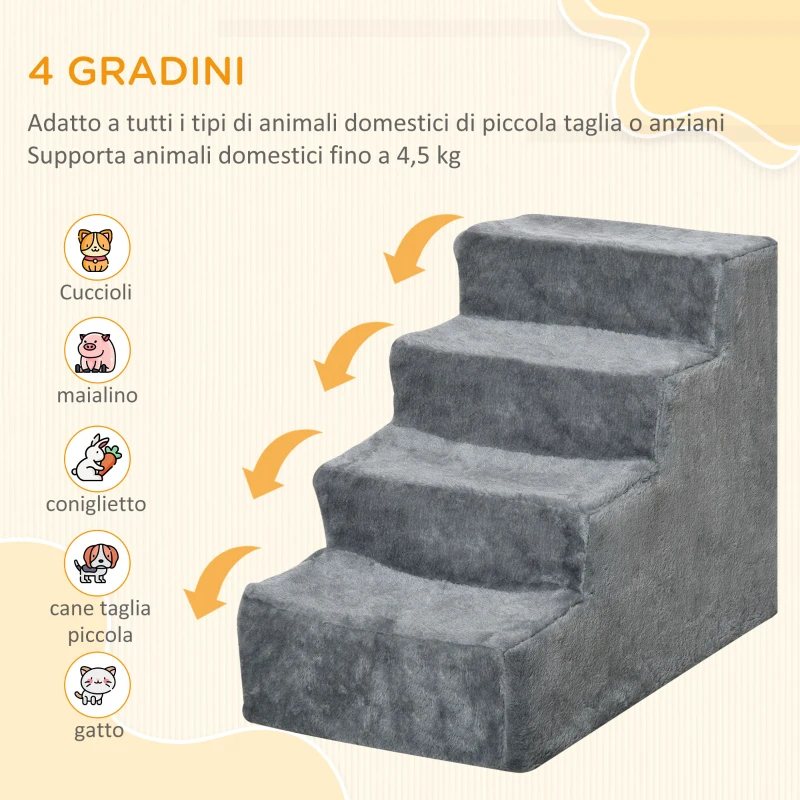 PawHut Scaletta per Cani Portatile a 4 Gradini, in Tessuto Vellutato Sfoderabile e Truciolato, 60x35x44 cm, Grigio