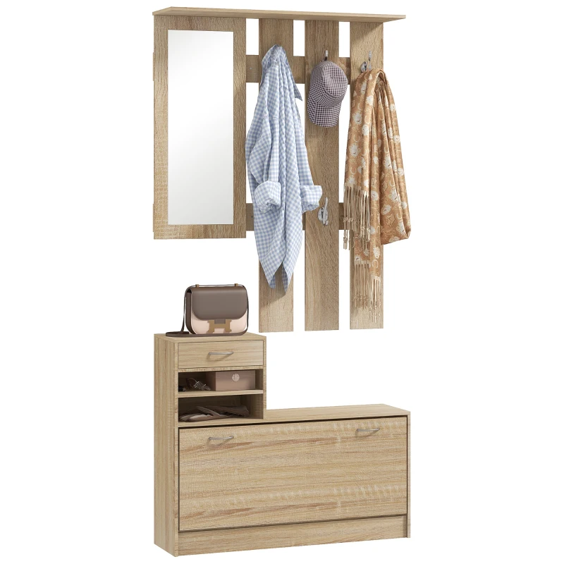 HOMCOM Meuble d'entrée vestiaire panneau porte-manteau, miroir et banc à chaussures - 6 crochets 90x10x91cm effet bois naturel