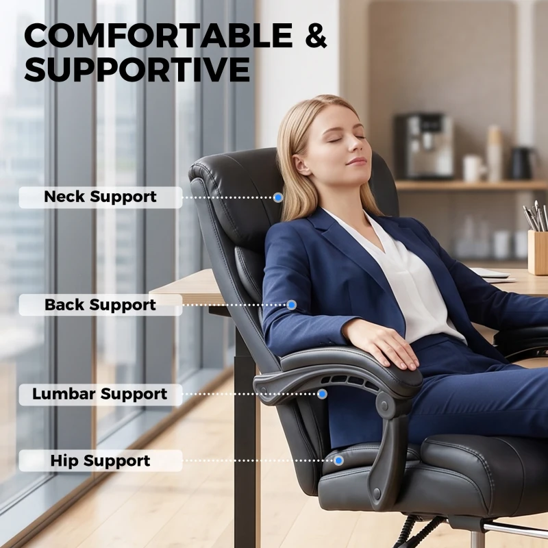 HOMCOM Chaise Bureau Ergonomique Inclinable, Fauteuil de Bureau en PU, Accoudoirs Synchronisés, Hauteur Réglable, Noir