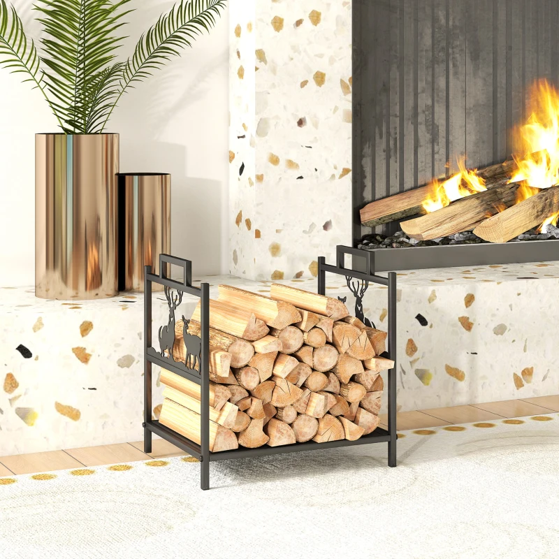Outsunny Estante de Leña Metálico con Asas 42,5x33,5x43 cm Soporte de Madera para Chimenea para Jardín Terraza Negro