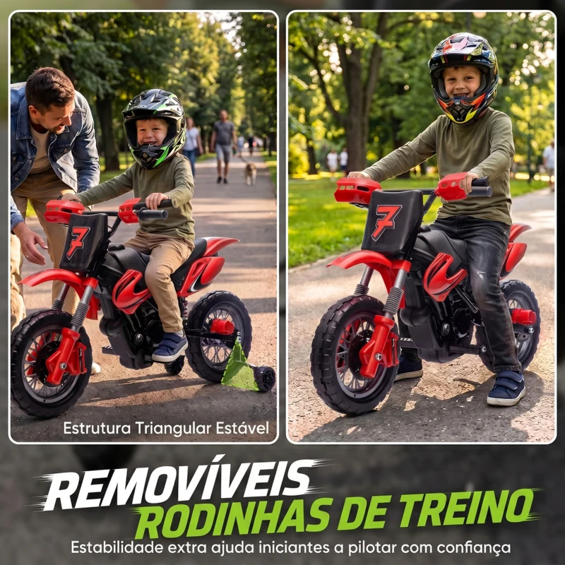 AIYAPLAY Mota Elétrica Infantil 12V com 2 Rodas Auxiliares Amovíveis, 2 Motores, Suspensão Traseira e Música, 3 km/h, Vermelho