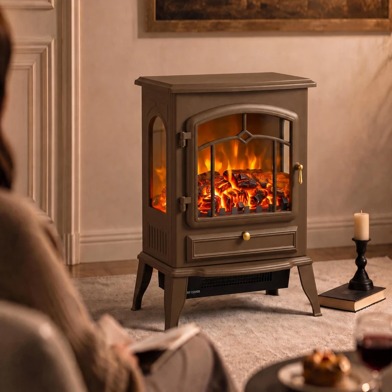 HOMCOM Chimenea Eléctrica 1000/2000 W con Efecto Llama 3 Vistas Termostato y Brillo Regulable Marrón