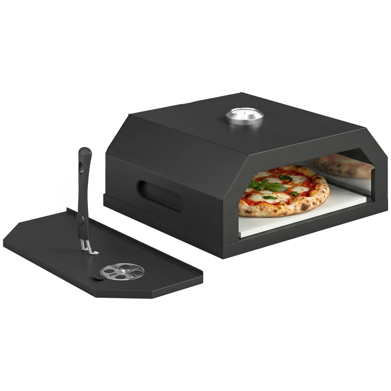 Outsunny Cuptor pentru Pizza cu Lemne Portabil cu Piatră Cordierită și Termometru, Metal, 53x40x18.5 cm, Negru