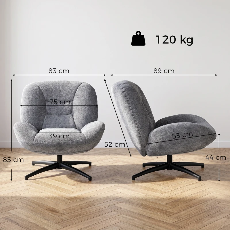 HOMCOM Fotoliu living rotativ, fotoliu lounge cu șezut lat, cotieră integrată, aspect chenille, Gri închis