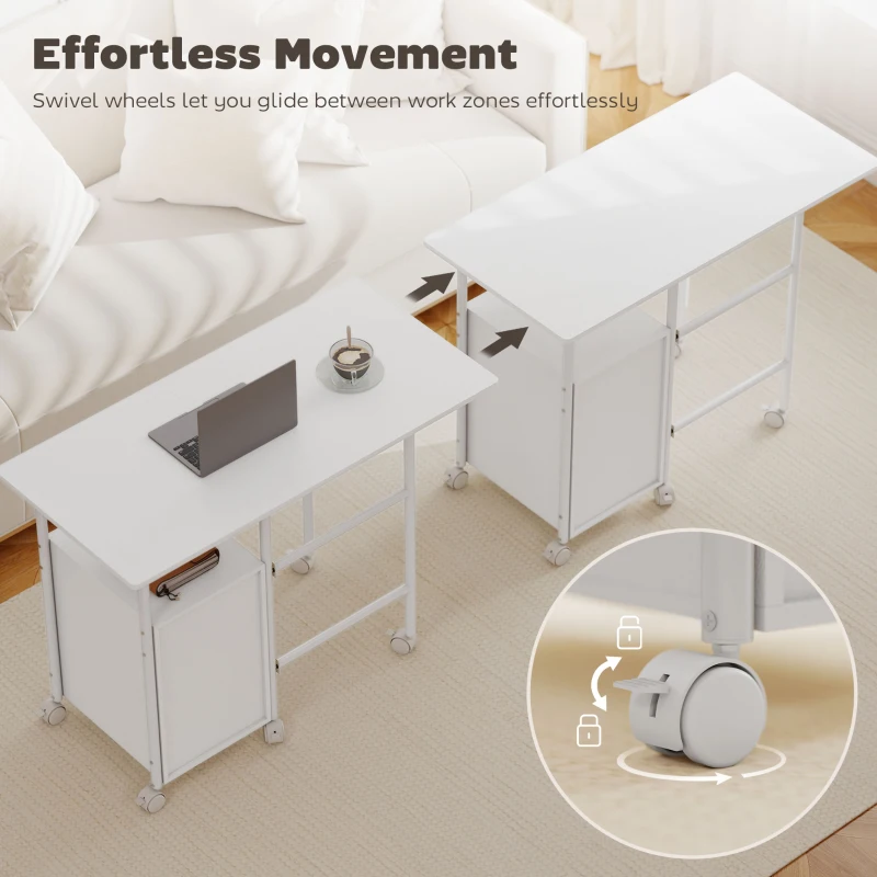 HOMCOM 105 x 51 cm Foldable Office Deskwith 3 Drawers, Extendable Top, Wheels, White