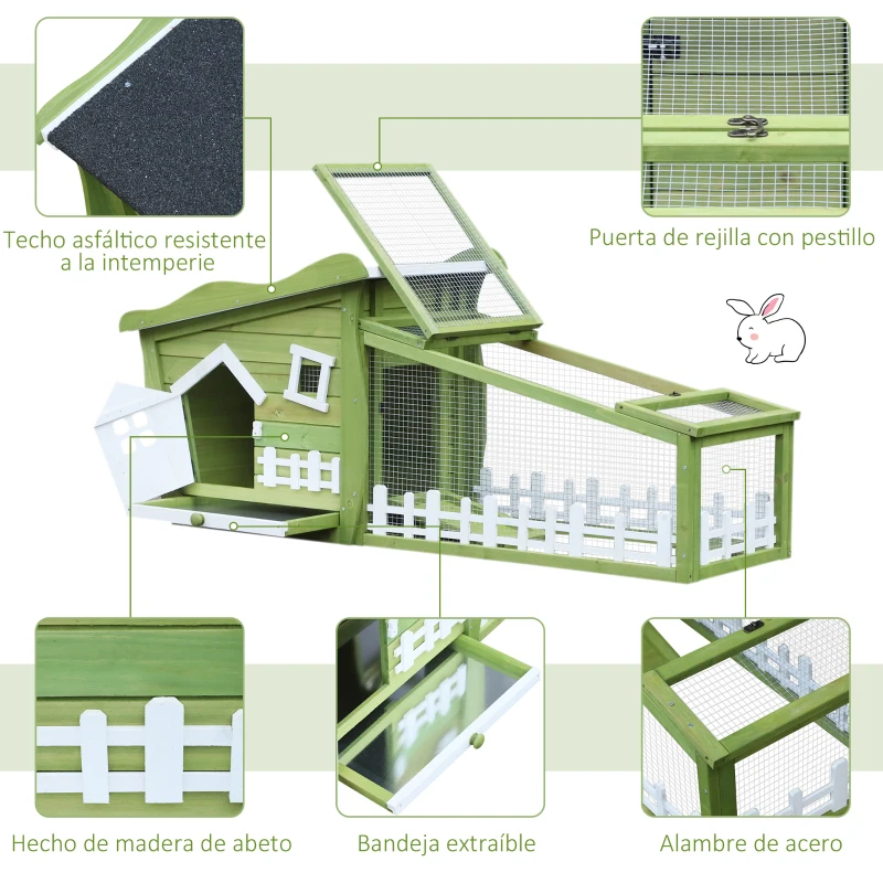 PawHut Conejera de Madera Caseta Exterior con Bandeja Extraíble y Techo Asfáltico 152x62x64 cm Verde y Blanco