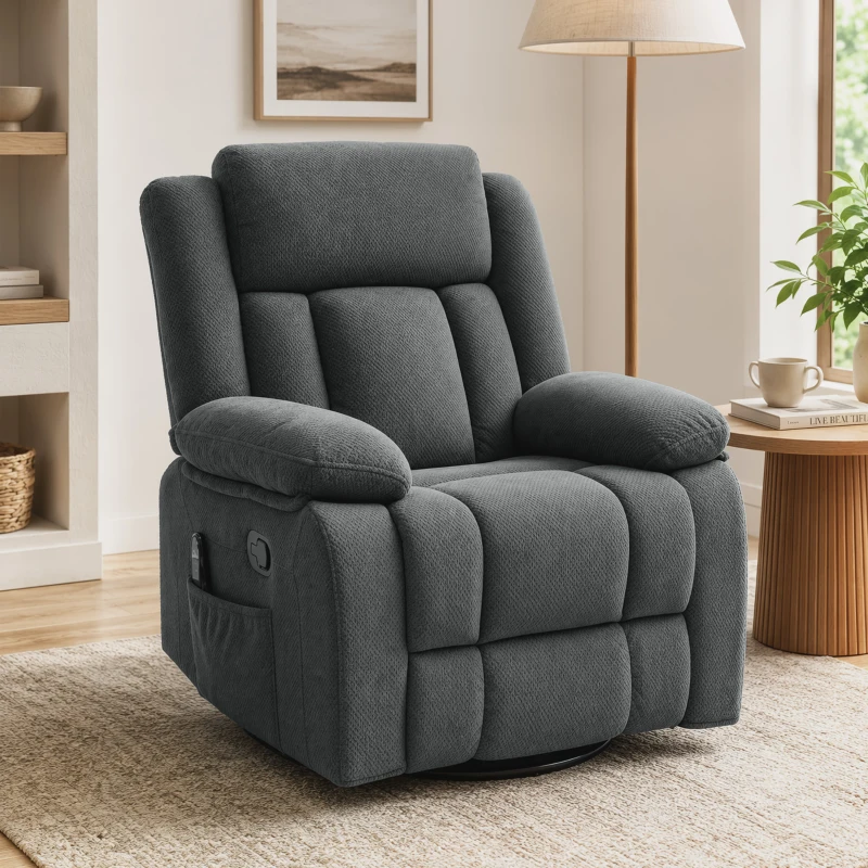 HOMCOM Fotoliu relax cu masaj prin vibrații și încălzire, fotoliu rotativ reglabil manual cu funcție de balans și arcuri pocket, Gri