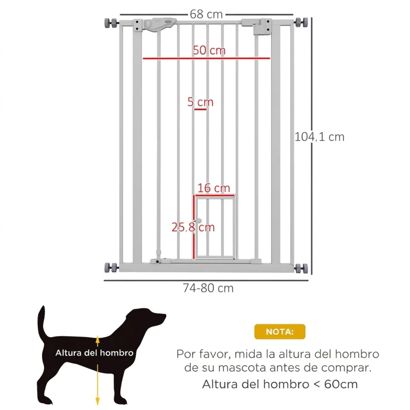 PawHut Barrera de Seguridad Ajustable con Puerta Pequeña Cierre Automático y Sistema de Doble Bloqueo 74-80x104,1 cm Blanco