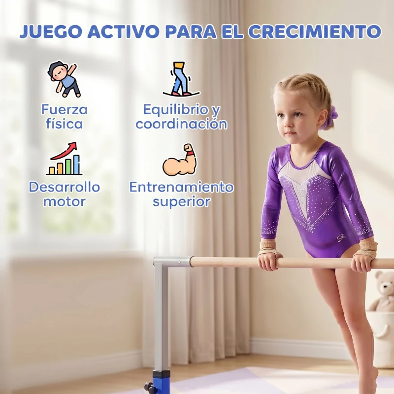 HOMCOM Barra de Gimnasia para Niños de +3 Años Barra de Entrenamiento Altura Ajustable 92-150 cm Carga 75 kg 194x121x150cm Azul