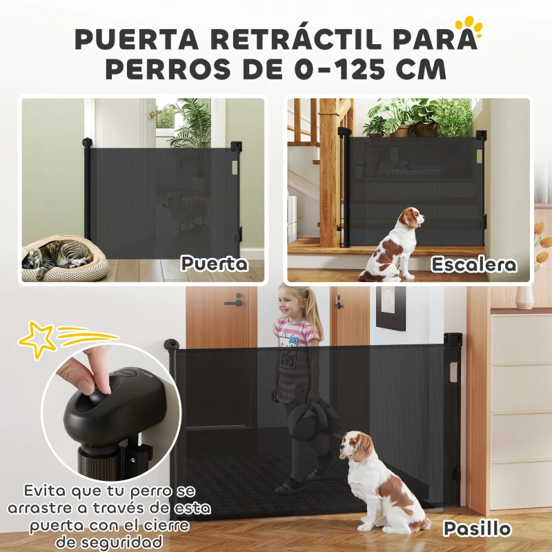 PawHut Barrera para Perros Retráctil 0-140 cm Barrera de Seguridad con Interruptor de Cierr para Puertas y Escaleras Negro