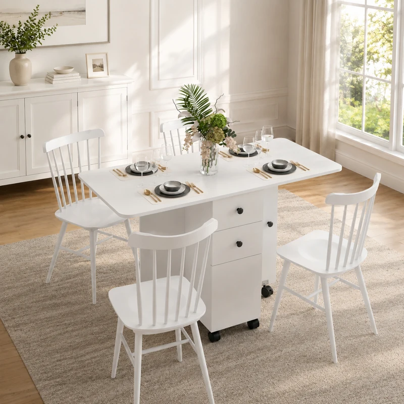 HOMCOM Mesa de comedor plegable, mesa de cocina con ruedas con cajones y armario, Blanco