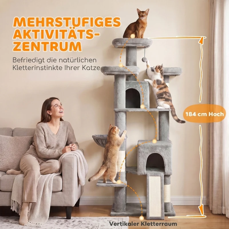 PawHut Kratzbaum Groß 184 cm hoch Katzenbaum mit 3 Kratzstämmen Liegeflächen Spielball Hängematte Leiter, Katzen unter 6 kg
