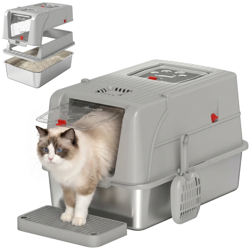PawHut Geschlossene Katzentoilette XL aus Edelstahl mit Deckel, Stufe zum Auffangen der Streu, Katzenschaufel, Hellgrau