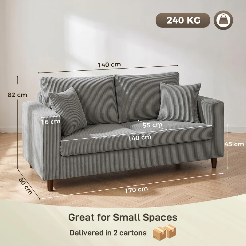 HOMCOM Loveseat Sofa with Wide Seat, Corduroy 2 Seater Couch with Deep Seat, Spring Cushion, Light Grey