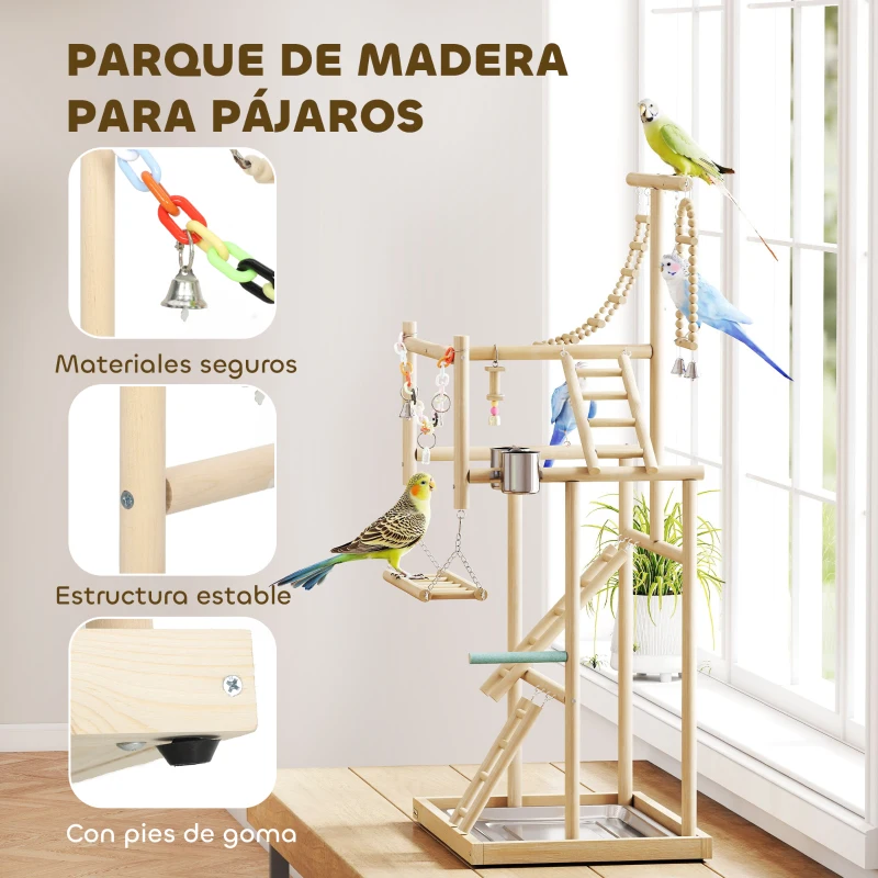PawHut Parque de Juegos para Pájaros Soporte de Madera para Pájaros con Escaleras Columpio Cadena Bandeja Comederos