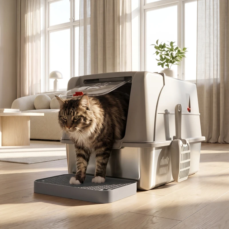 PawHut Geschlossene Katzentoilette XL aus Edelstahl mit Deckel, Stufe zum Auffangen der Streu, Katzenschaufel, Hellgrau