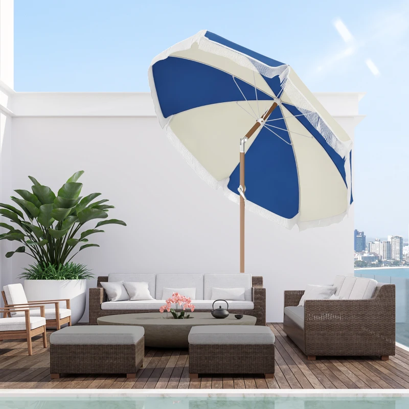 Outsunny Parasol inclinable rond Ø 225 cm avec franges polyester haute densité anti-UV mât démontable, vintage bleu et beige