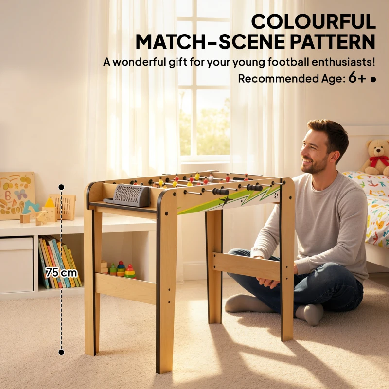 SPORTNOW Baby-Foot Enfant 18 Joueurs 2 Balles, Barres 360°, Poignées Antidérapantes, Compteurs de Score, 75x66x75cm, Bois Naturel