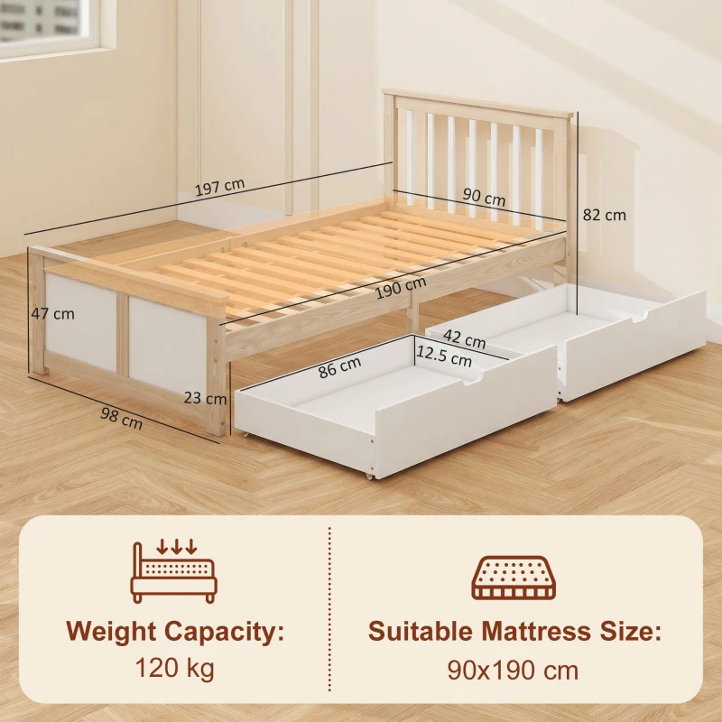 HOMCOM Pine Storage Bed, 3ft Single Solid Wooden Bed Frame with Drawers, Headboard, Wood Slat Support, Natural Wood Finish
