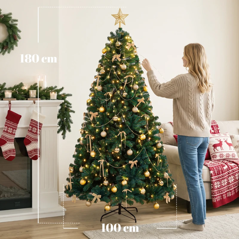 HOMCOM Árbol de Navidad Decorativo 180 cm con 240 LED 755 Ramas Ignífugas Estrella 30 Bolas 18 Lazos Decoración Dorado Verde