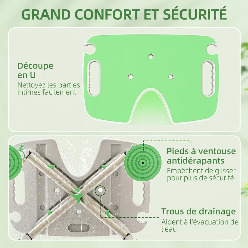 HOMCOM Tabouret de Douche, Hauteur Ajustable 39-51,5 cm, Barre d'Appui à Ventouse, Patins à Ventouse, Vert