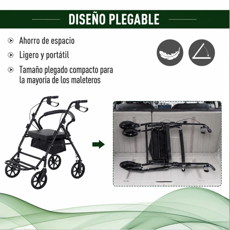 HOMCOM Andador para Ancianos Plegable con Asiento y 4 Ruedas Mango Ergonómico Ajustable en Altura Frenos de Maneta Cesta Negro