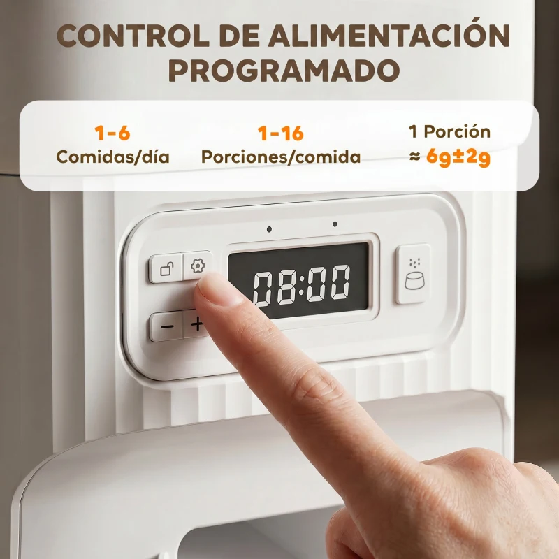 PawHut Comedero Gato Automático 4L Dispensador Comida para Gatos/Perros 1-6 Comidas al Día 2 Cuencos 2 Fuentes de Alimentación