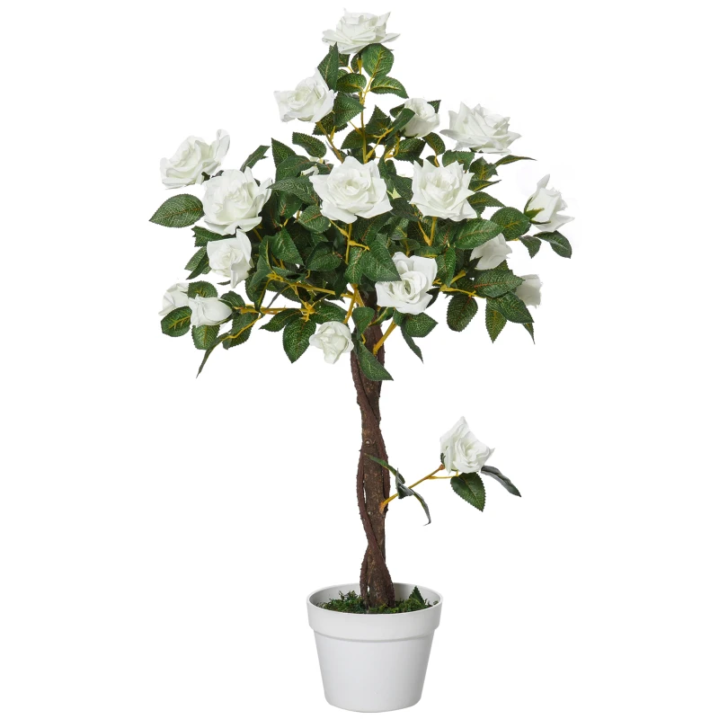 Outsunny Arbre à Roses Artificiel 90 cm en Plastique, 21 Fleurs, 350 Feuilles en Tissu, Pot, Facile à Entretenir, Blanc