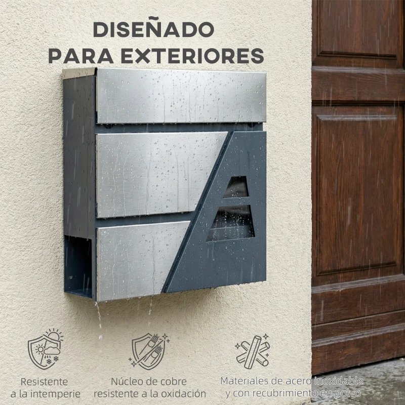 HOMCOM Buzón Exterior de Acero Inoxidable 13 L Buzón de Pared Correo con Cerradura y 2 Llaves Soporte Periódicos Gris Oscuro