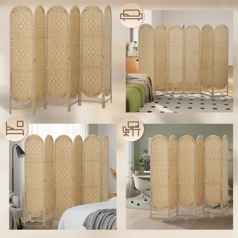 HOMCOM Paravent interieur ovale 6 panneaux 240 x 170 cm séparateur de pièce pliable, léger et tissé, bois naturel