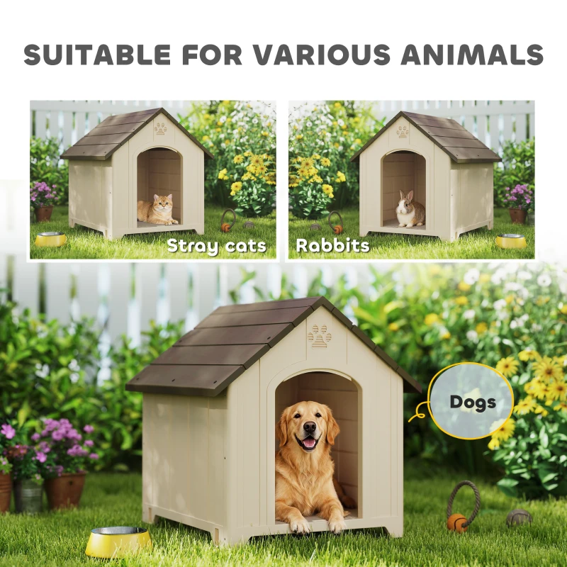 PawHut Niche pour chien extérieur, maison chien en polypropylène imperméable, ventilé, plancher surélevé, beige