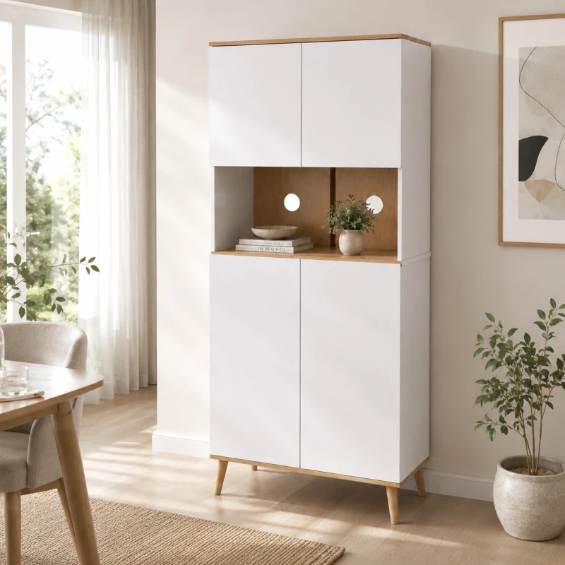 HOMCOM Alacena de Cocina con 4 Puertas Encimera para Microondas Estantes Ajustables Orificio de Cable y Patas de Madera Blanco
