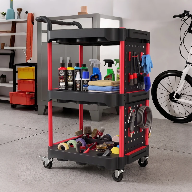 HOMCOM 3-Tier Rolling Tool Cart with Pegboard and Hooks, Storage Trolley Wheel Cart with Brakes, Black & Red