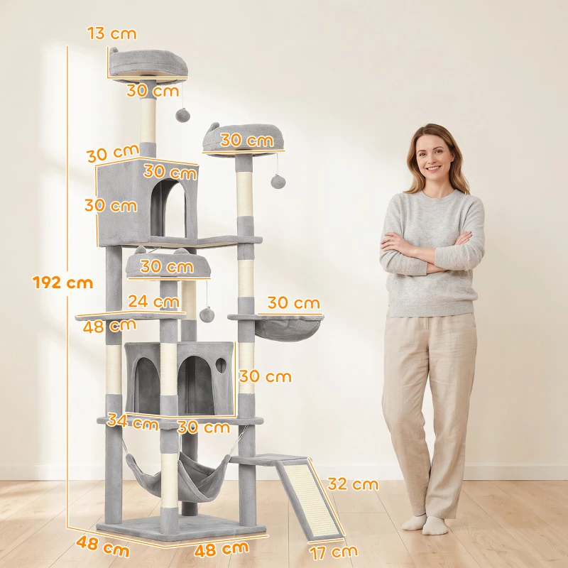 PawHut Árvore Arranhadora para Gatos 192 cm com 3 Camas, 2 Casinhas e 2 Redes, Cinzento-claro