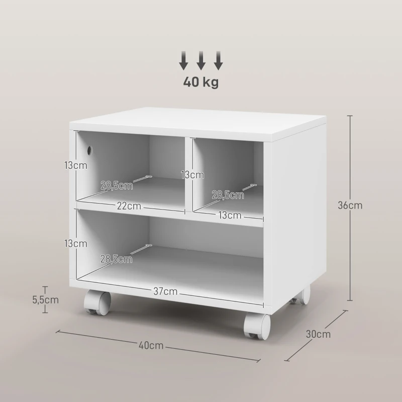HOMCOM Móvel para Impressora com Rodas Suporte para Impressora com Compartimentos Abertos para Escritório Estúdio 40x30x36 cm Branco