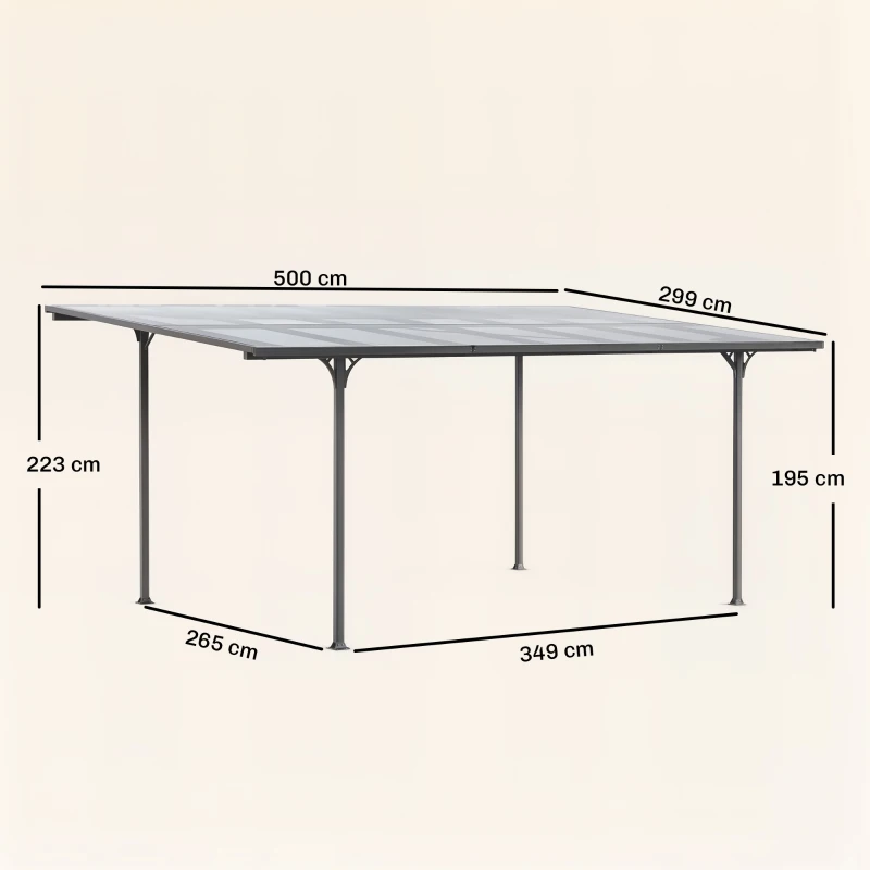 Outsunny Pergola rigide alu. polycarbonate pavillon de jardin abri de voiture 500 x 299 x 195/223 cm gris