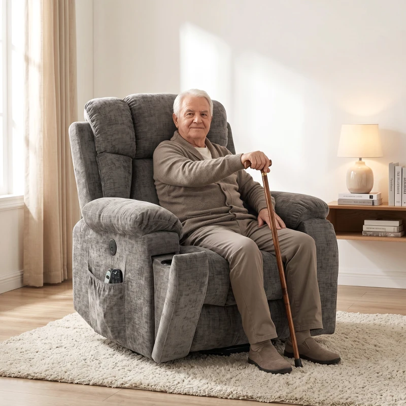 HOMCOM Sillón Relax Reclinable Eléctrico Levanta Personas Mayores 8 Puntos Masaje y Calor Reposapiés Portavasos Gris Oscuro