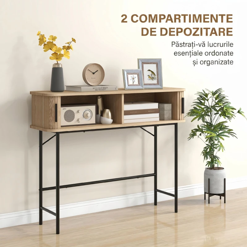 HOMCOM Consolă pentru Hol, cu Compartimente și Uși Glisante Tip Tambur, Picioare din Oțel, 100x30x80 cm, Stejar