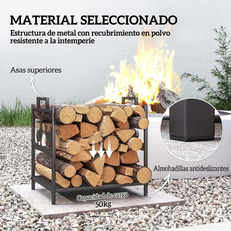 Outsunny Estante de Leña Metálico con Asas 42,5x33,5x43 cm Soporte de Madera para Chimenea para Jardín Terraza Negro